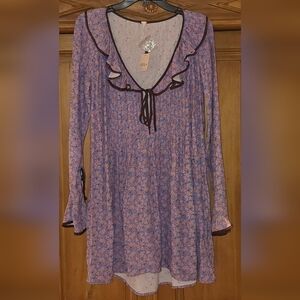 Free People Lavender Floral Mini Dress with Brown Trim